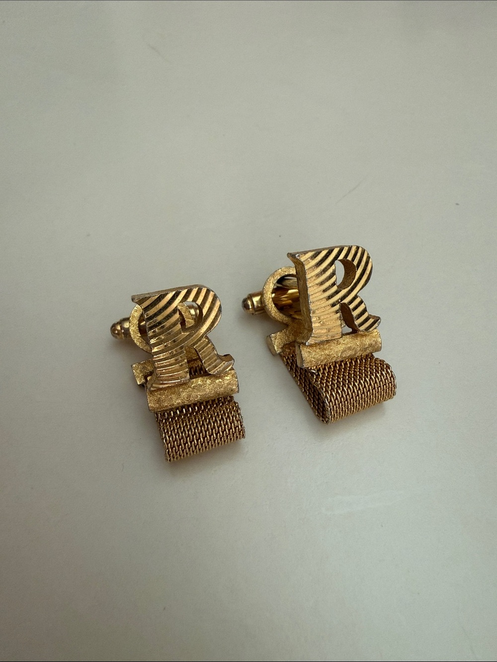 Vintage Dante Gold Tone Monogram Initial R Mesh Cufflinks & Tie Tack Set